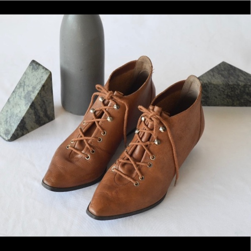 Vintage Brown Leather Lace Up Ankle Boots